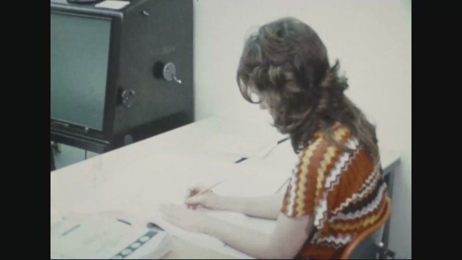 A records clerk at work, seen from behind, 1973